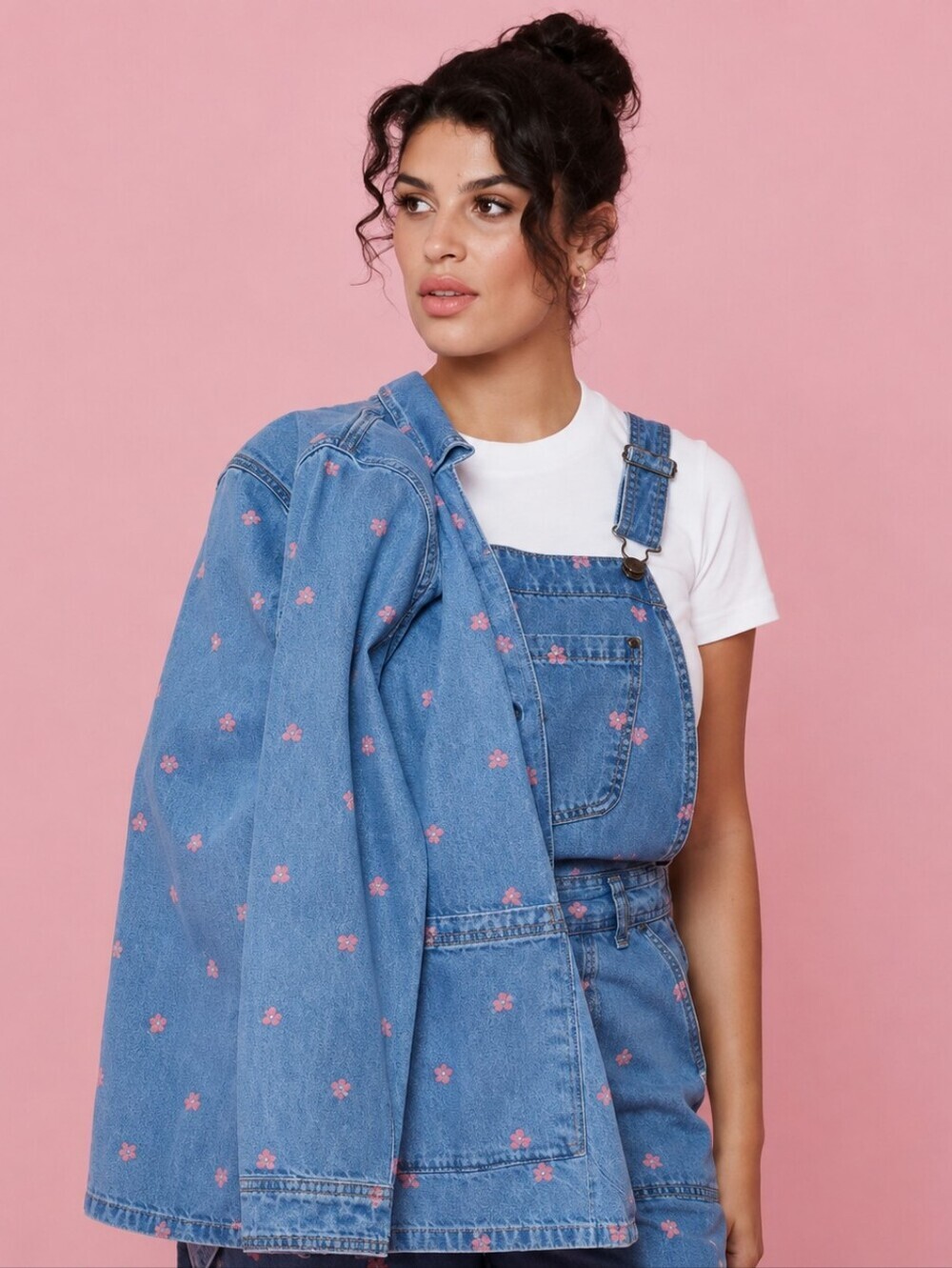 Joanie Clothing UK Pink Heart Print Denim Chore Jacket